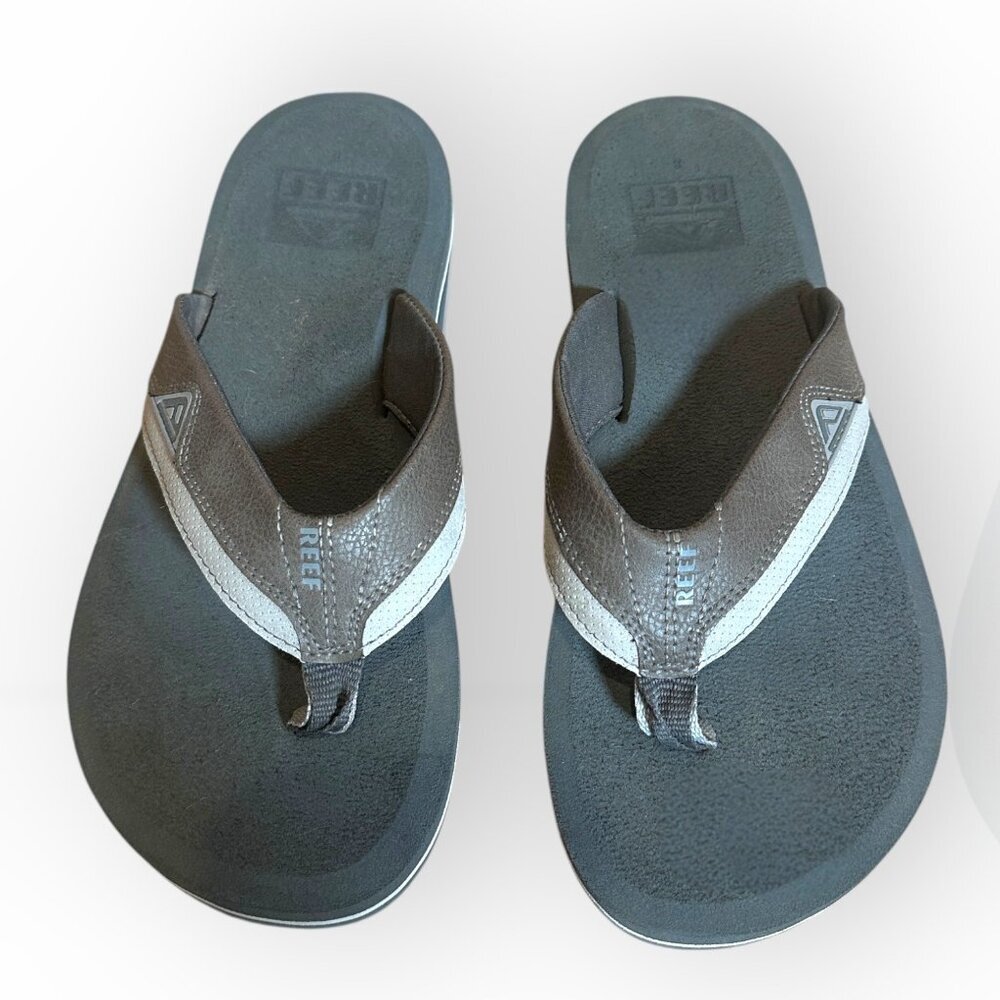 Reef Cushion Dawn Grey Leather Flip Flops EVA Rubber Outsole Sandals Size Mens 8